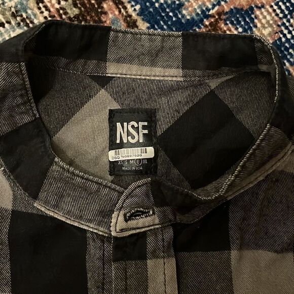 NSF Distressed Check Plaid Button Up Elongated Flannel Shirt - Picture 3 of 6